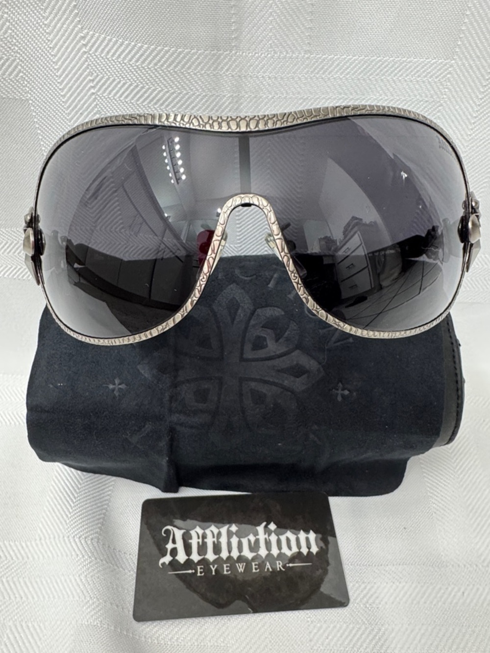 Affliction Fiona Sunglasses with Gunmetal, Black Accents and Gray Lenses. Case
